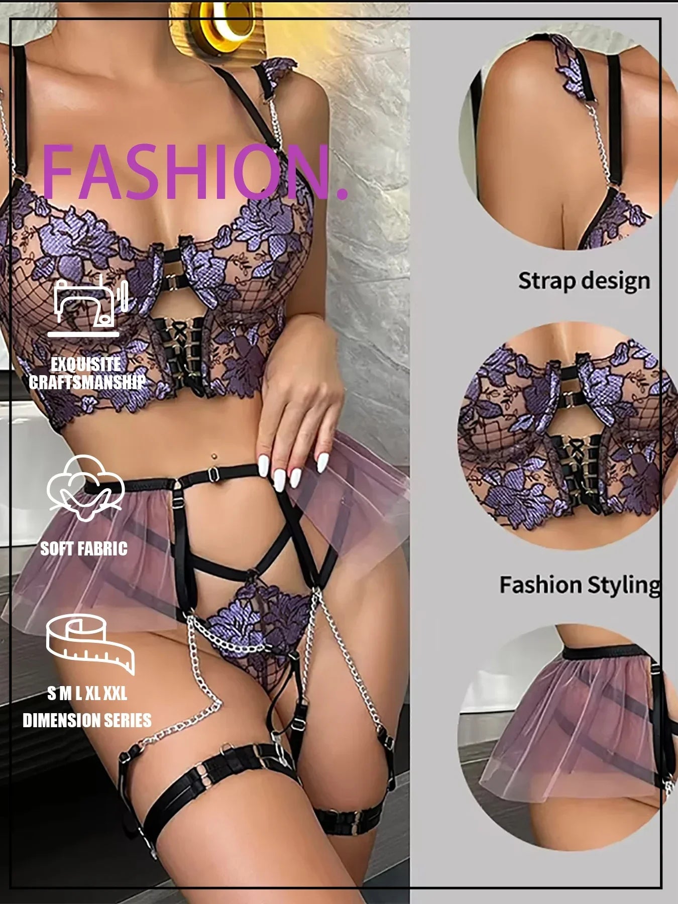 Ladies Lingerie Set with Embroidered Hollow Flower Patterns - Empire P.E