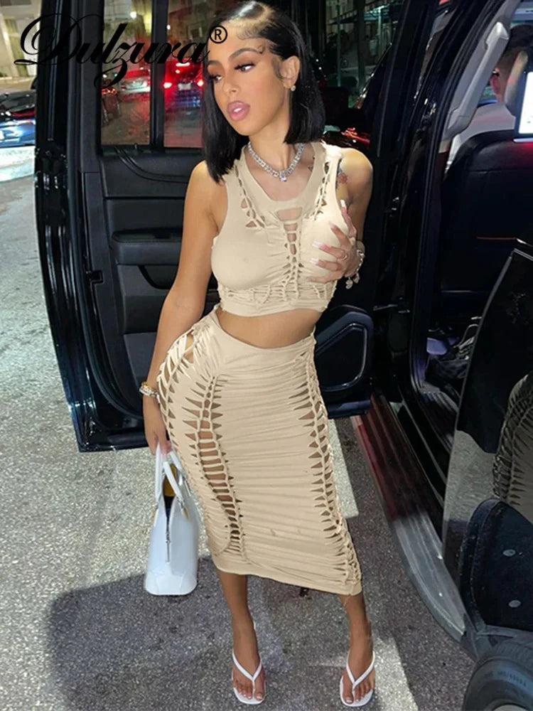 Sexy Clothes 2 Piece Setsleeveless Hollow Out Crop Top High Waist - Empire P.E