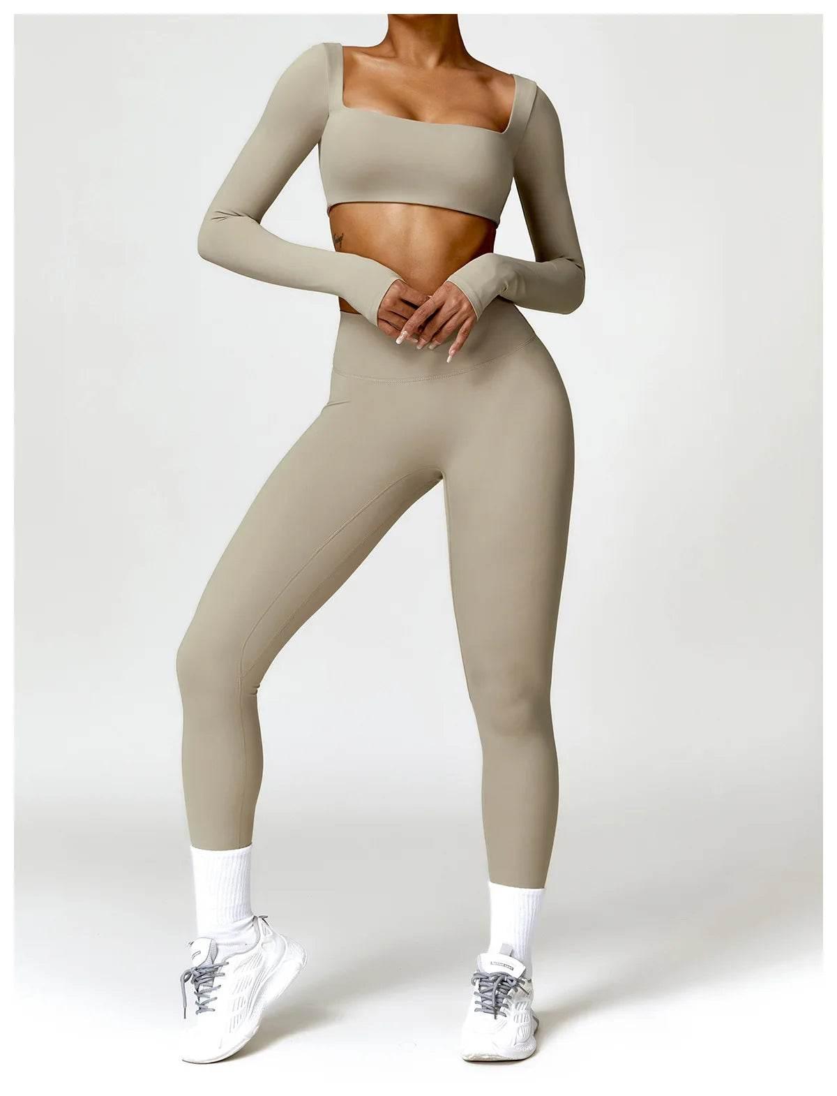 Hearuisavy 2PCS Long Sleeve Gym Set Women Yoga Clothes Quick-Drying Sportswear Running Leggings Workout Sports Crop Top Women - Empire P.E