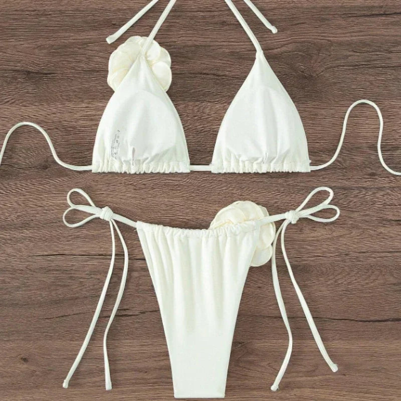 Sexy 3D Flowers Halter Strappy Bikini Swimsuit Two-pieces Bikini Set - Empire P.E