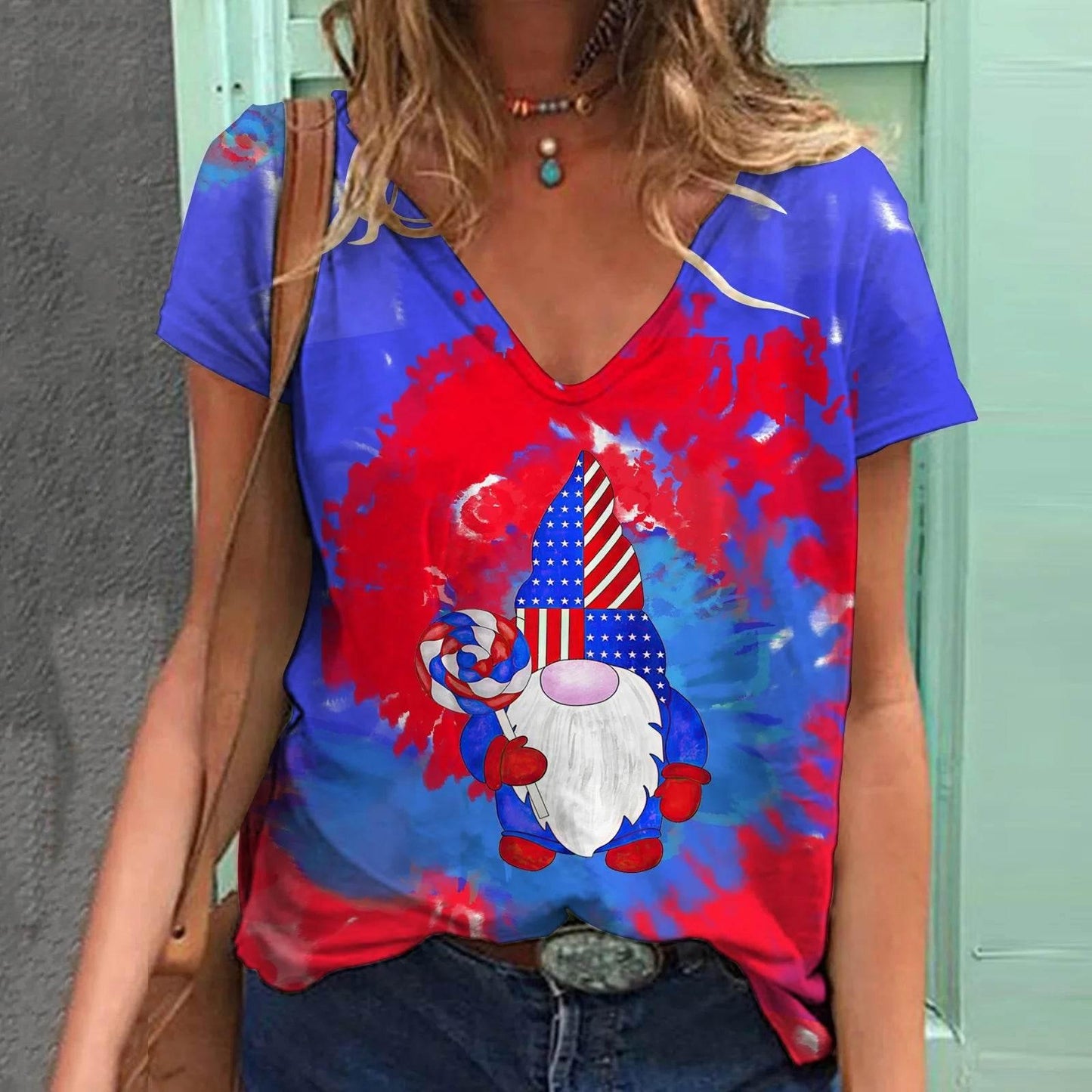 Fashion Women's T Shirt USA Flag Print Harajuku T-shirt Summer 2023 Top Kawaii Tees V Neck Pluse Size American Lady Y2k Clothing - Empire P.E