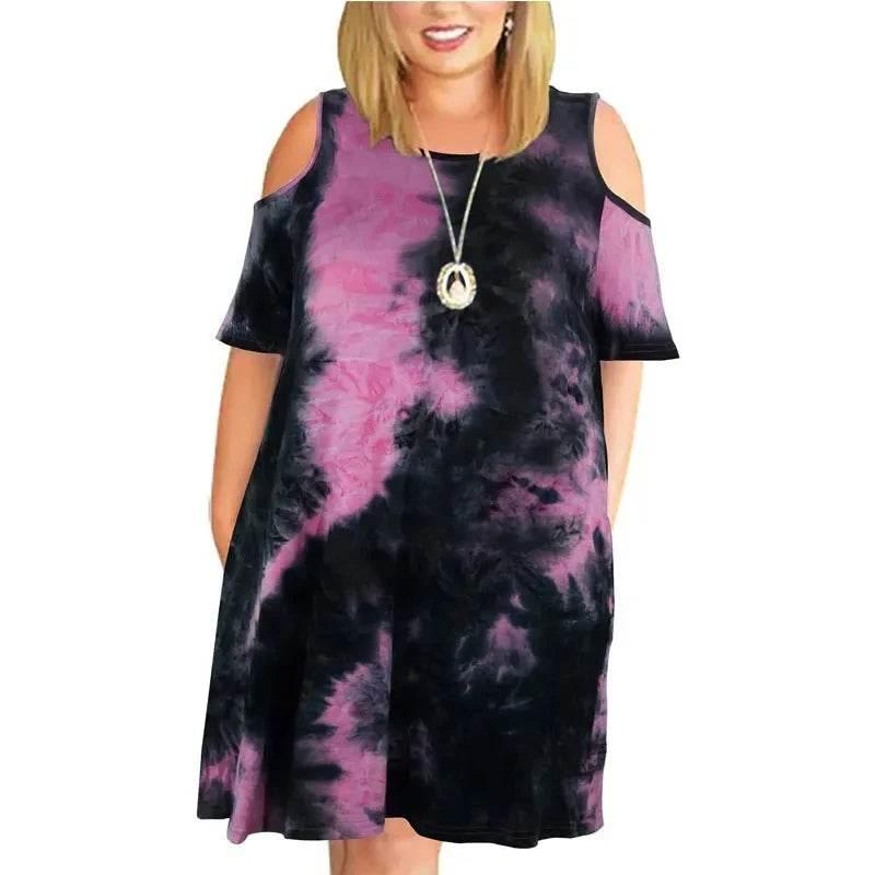 9XL Plus Size Cold Shoulder Dresses Summer Casual Loose Dress Short Sleeve Tie Dye Gradient 3D Print Sundress Large Size Dresses - Empire P.E