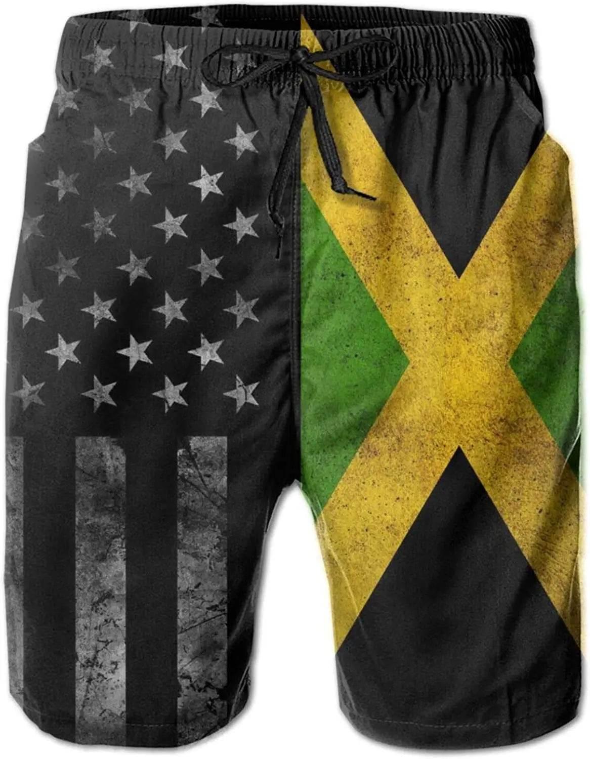Jamaican Flag Mens Beach Shorts Swimming Trunks Board Shorts Elastic Waist with Pocket - Empire P.E