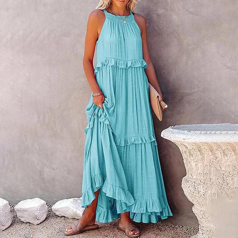 Women Casual Solid Ruffles Long Dress - Empire P.E