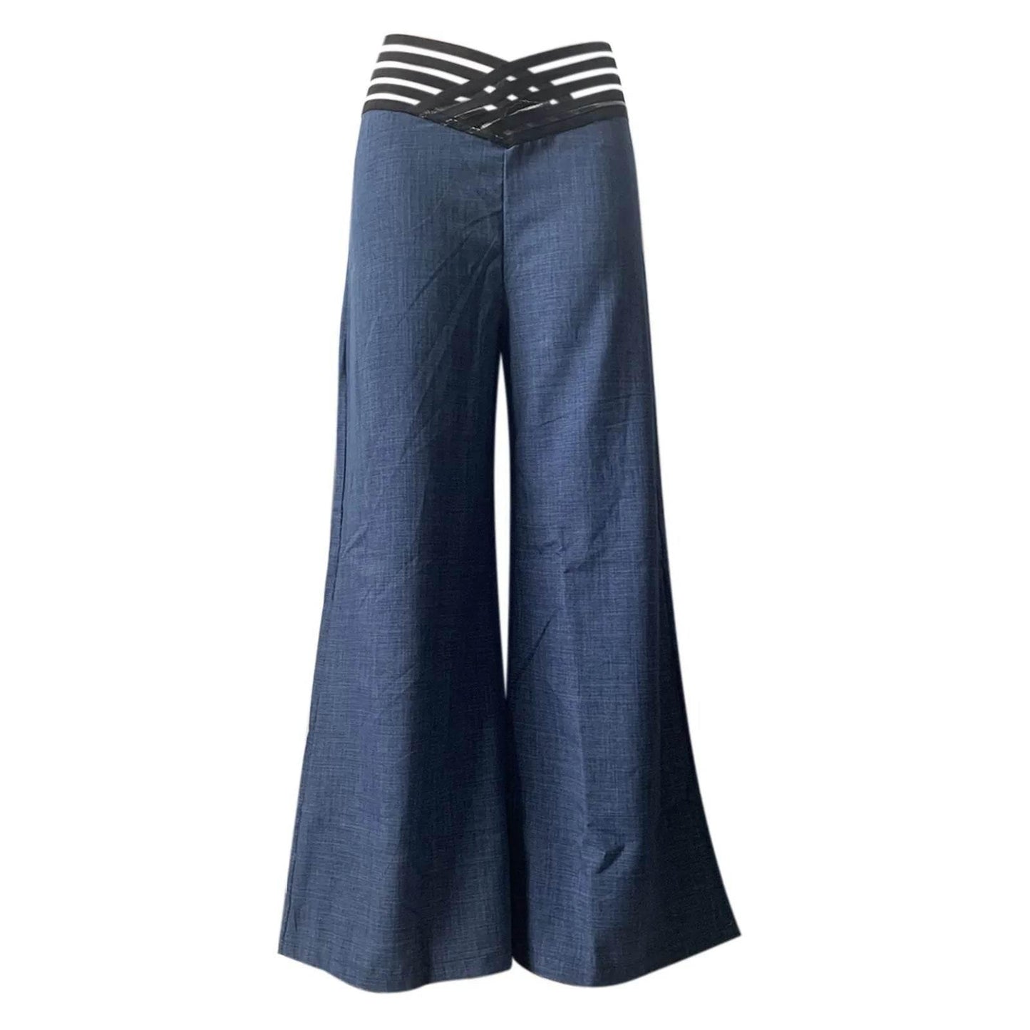 Women Flared Pants Elegant Office Lady Casual High Waist Trousers Spring Summer Solid Crisscross Sheer Mesh Patch Wide Leg Pant - Empire P.E
