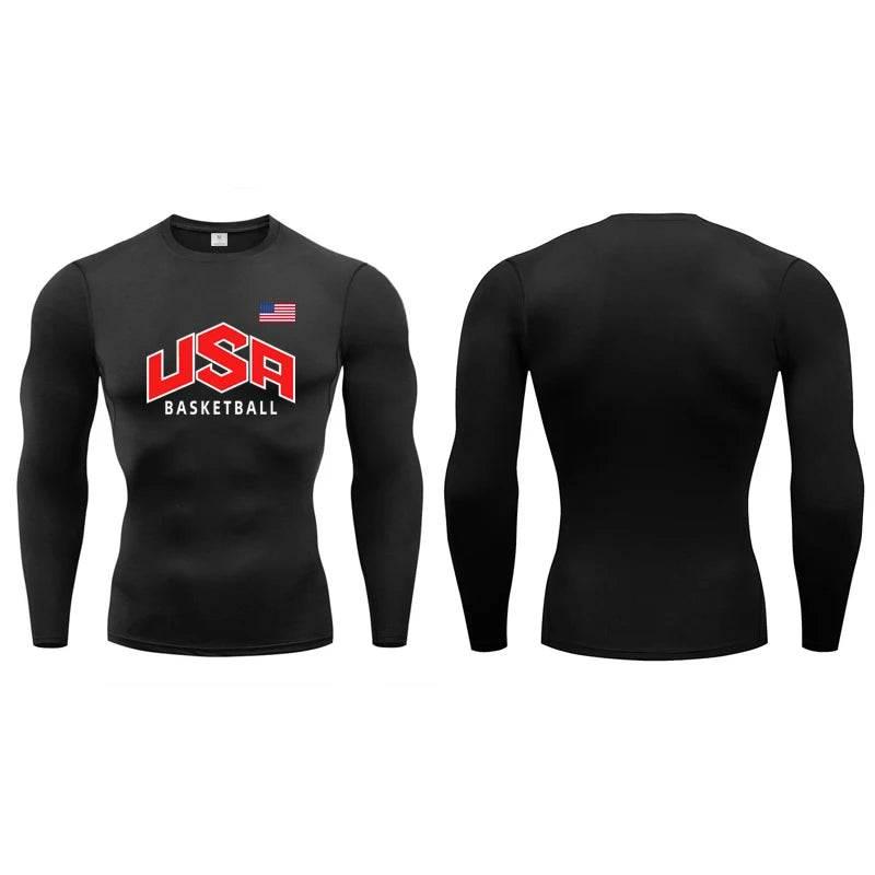 Usa Flag Basketball Athletic Men Running T-Shirt Compression Long Sleeve T Shirt Workout Bodybuilding Fitness Quick Dry Rashgard - Empire P.E