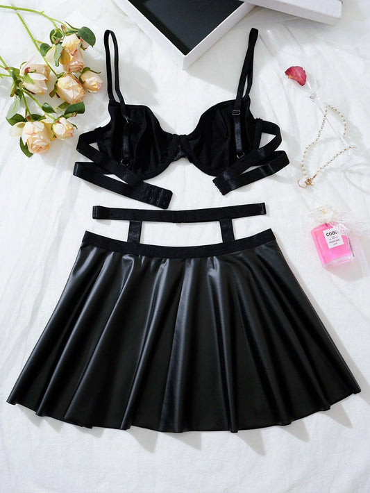 Women Sexy Bras And Skirts Set Leather - Empire P.E
