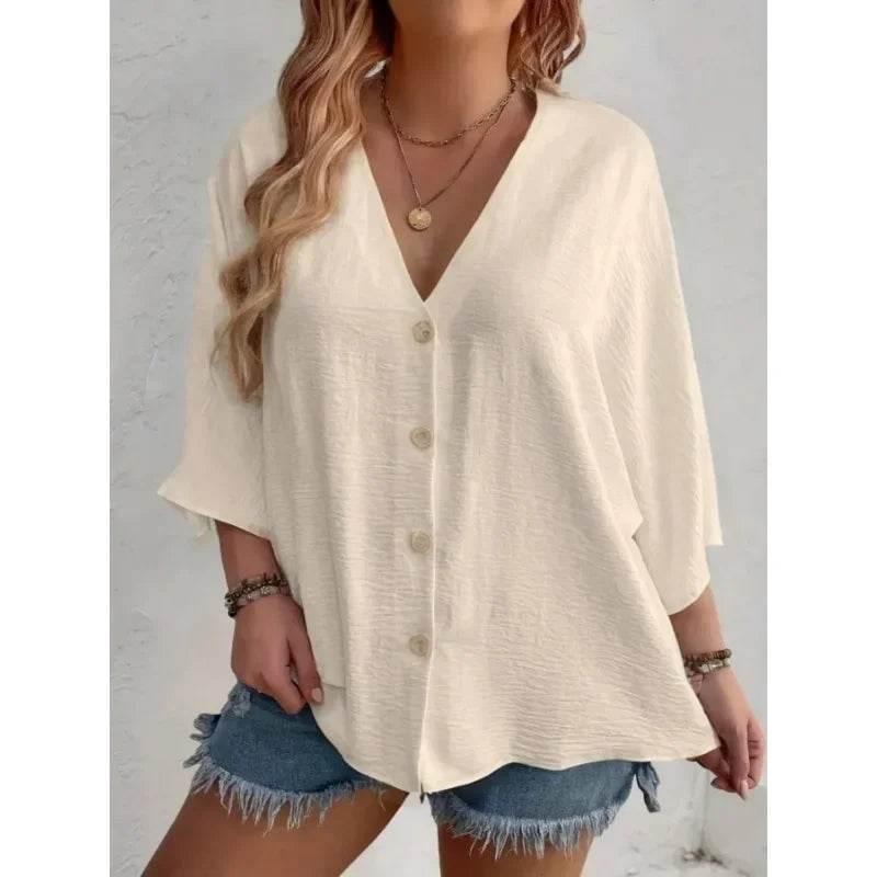 Women's Plus-size T-shirt Solid Color Breathable Spring/summer V-neck Button Travel Casual Wear with European and American Style - Empire P.E