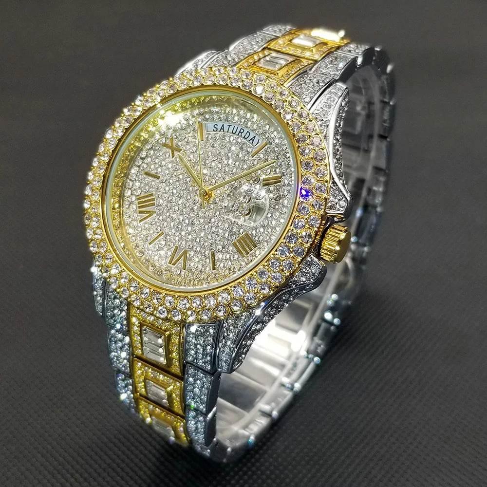 Luxury Shiny Diamond Watch For Men Hip Hop Trendy Iced Out Quartz Watches High Quality Stainless Steel Waterproof Day Date Clock - Empire P.E