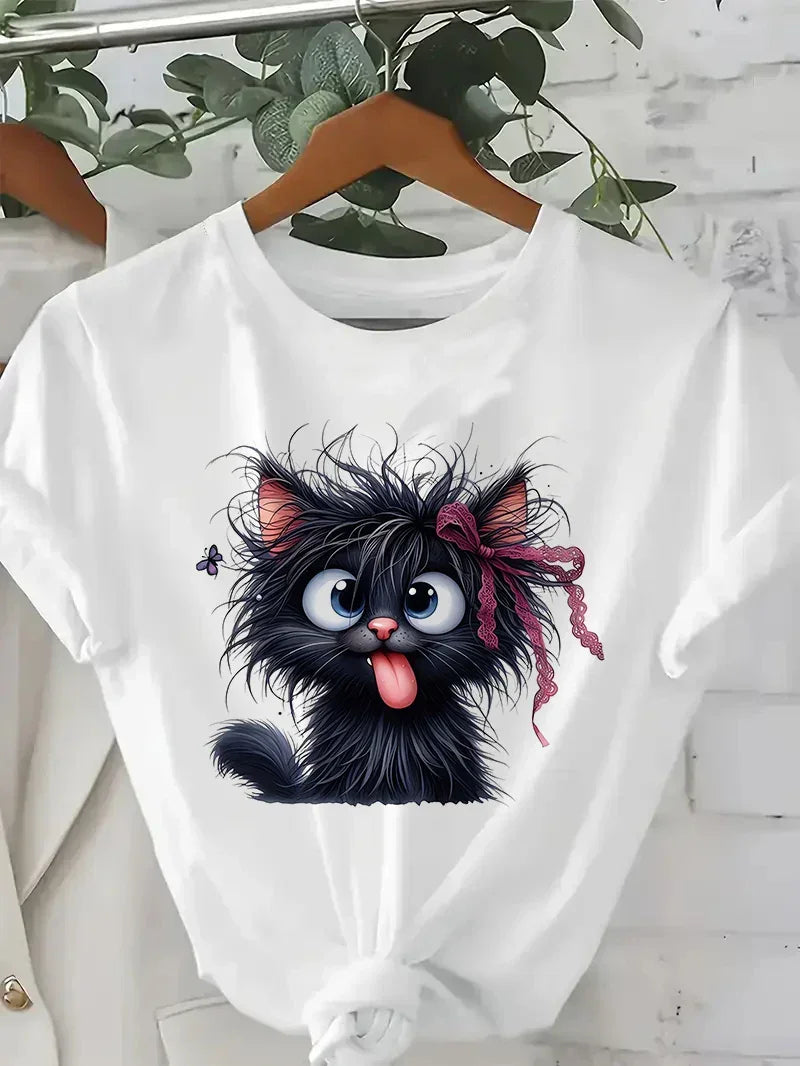 Women's Funny Fried Cat Cartoon T-Shirt