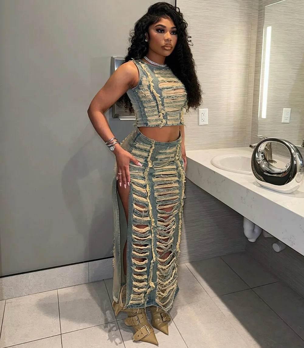 2 Piece Set Women 2024 Summer Sexy Club Tops And Maxi Skirt Sets High Waist Slit Skirt Mujer Matching Sets Denim Jacket Outfit - Empire P.E