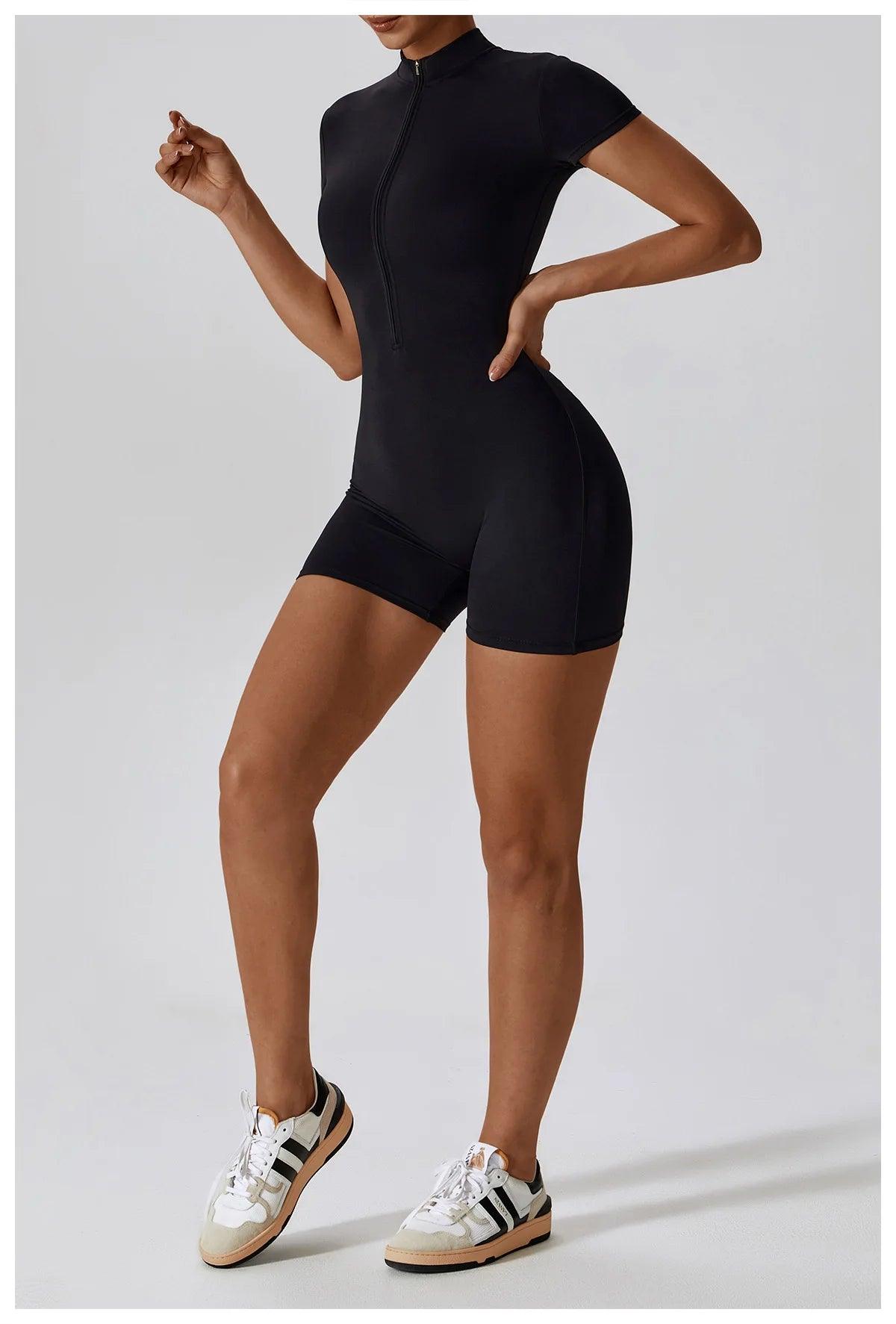 Yoga Set Women's One-Piece Suit Zipper Short Sleeve Gym Push Up Workout Clothes Fitness Short Bodysuit Sportswear Jumpsuits - Empire P.E