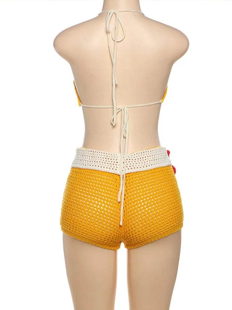 Sexy Beach Knit Skirt Set Women Crochet Flower Bikini Mini Skirt Suits Female 2025 Summer Chic Backless Halter Top Skirts Sets - Empire P.E