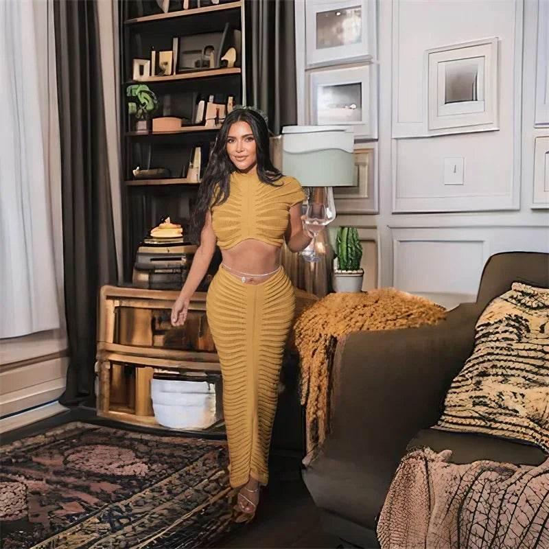 Sexy Knitted Striped 2 Piece Sets Women Outfit Y2K Clothes Birthday Sheer Crop Top and Long Skirt Set Elegant Night Club Outfits - Empire P.E