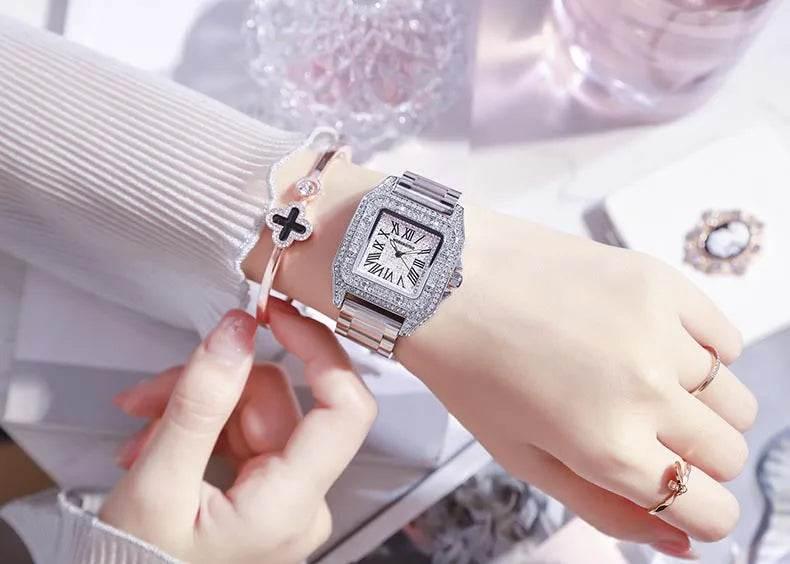 Ladies Dial Quartz Wristwatches Dress Clock Large square diamond-encrusted dial steel belt living waterproof quartz watch - Empire P.E