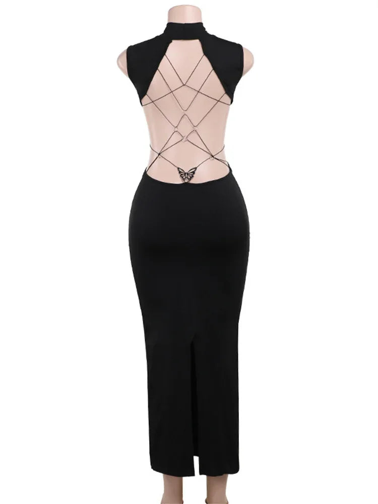 Cross Bandage Dress Women Y2K Butterfly Metal Hollow Backless - Empire P.E