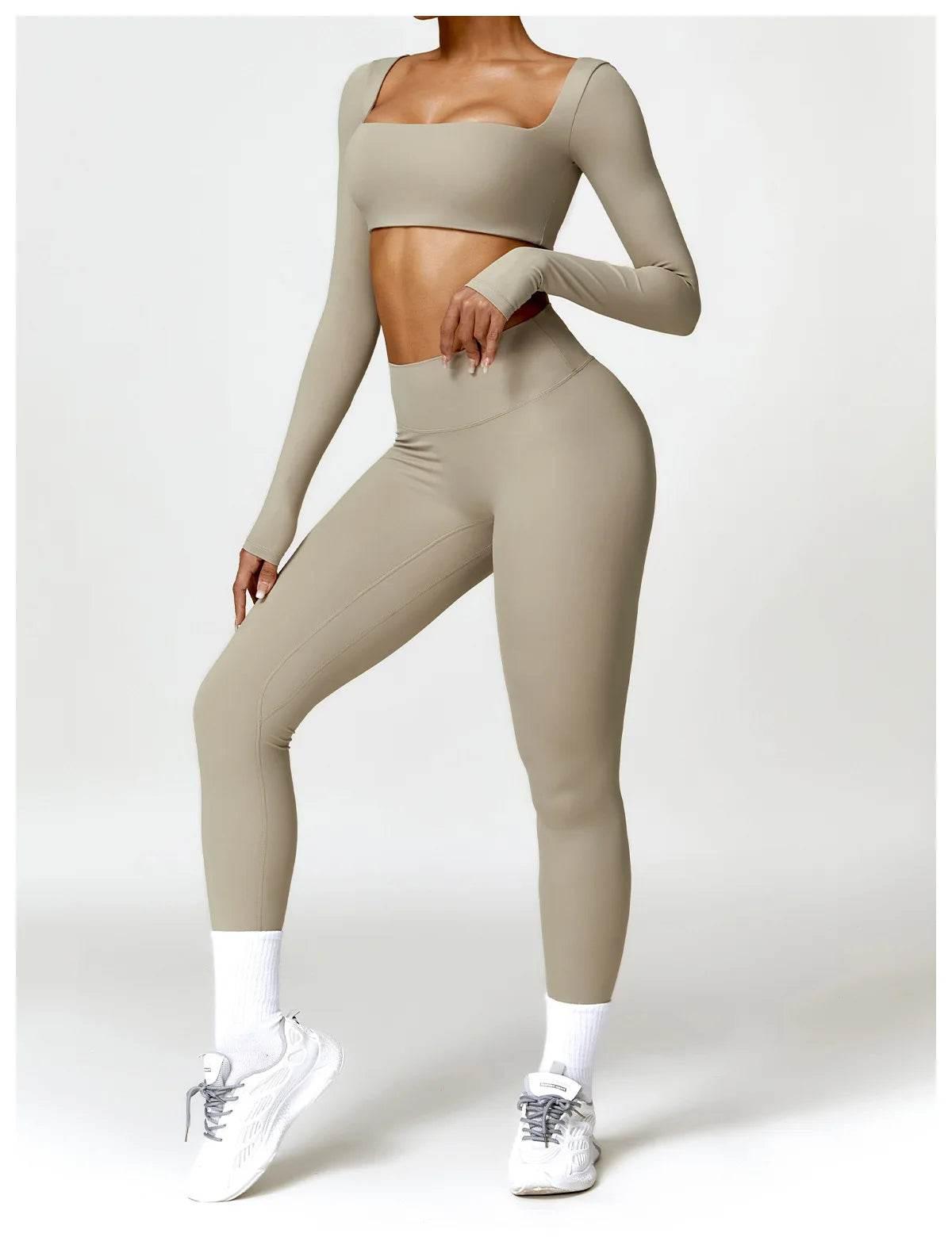 Hearuisavy 2PCS Long Sleeve Gym Set Women Yoga Clothes Quick-Drying Sportswear Running Leggings Workout Sports Crop Top Women - Empire P.E