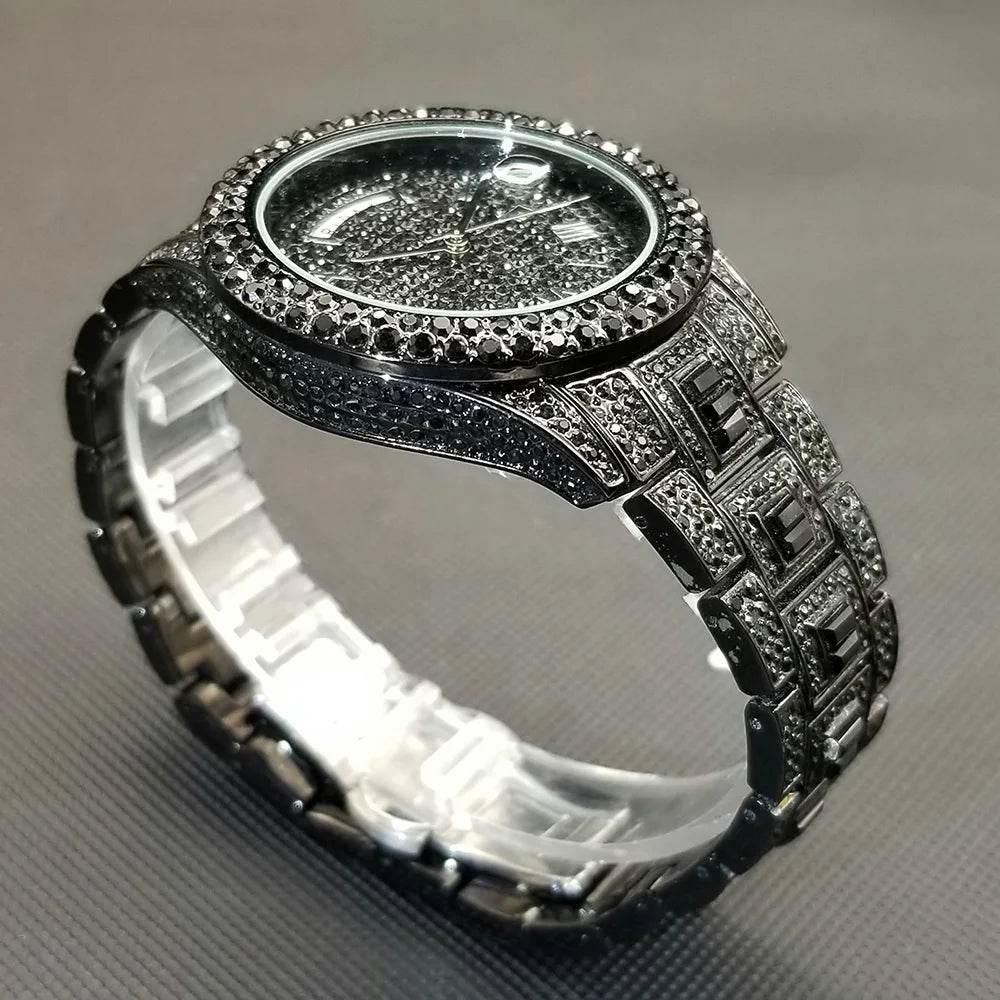 Luxury Shiny Diamond Watch For Men Hip Hop Trendy Iced Out Quartz Watches High Quality Stainless Steel Waterproof Day Date Clock - Empire P.E
