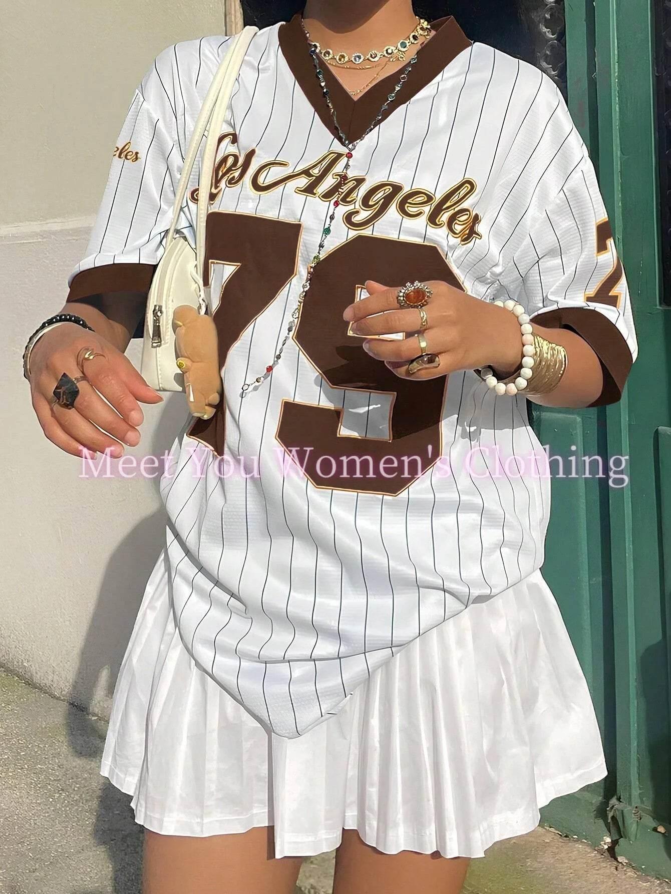 Women Los Angeles Number 79 Print V-Neck Short Sleeve T-Shirt Summer Graphic Tee Baseball Jerseys Stripe Oversized Sport T-Shirt - Empire P.E