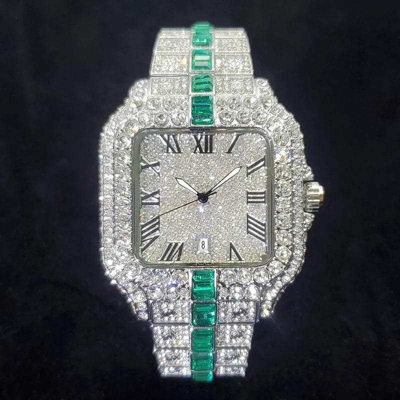Luxury Full Diamond Watch for Men Fashion Green Iced Out Bling Square Watches Hip Hop Rap Jewelry Relogio Masculino Dropshipping - Empire P.E