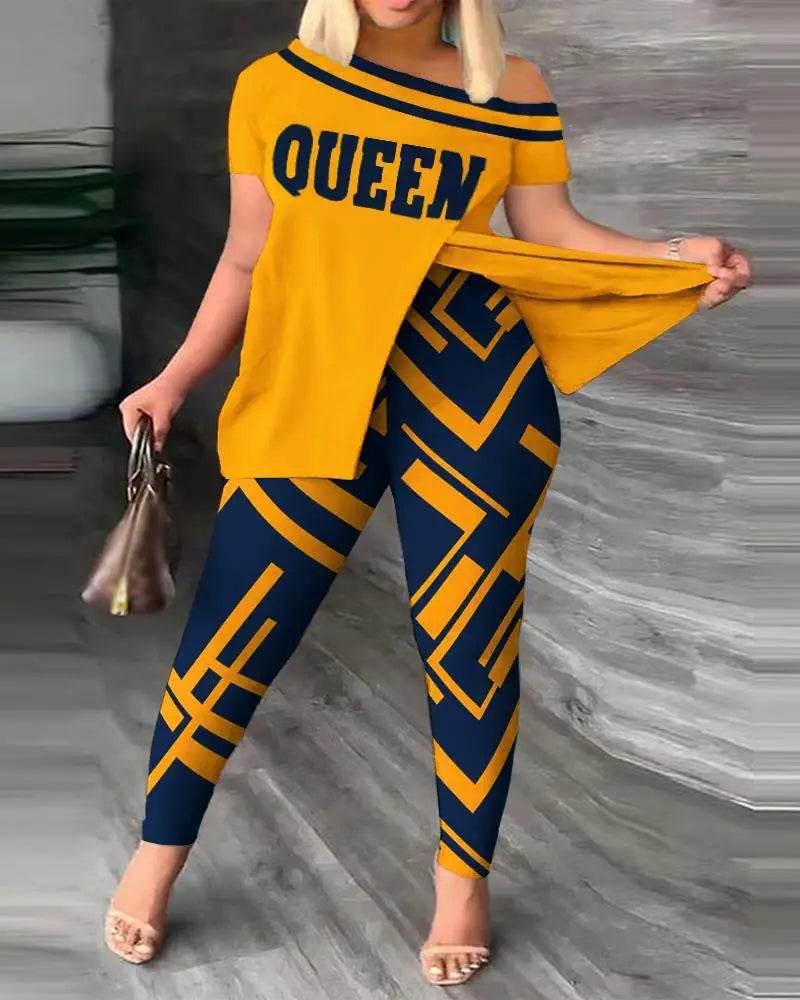Elegant Women Two Piece Set Suits New Fashion Printed Ruffle Sleeve Top Solid Color Pants Set With Belt Blouses Female Clothing - Empire P.E