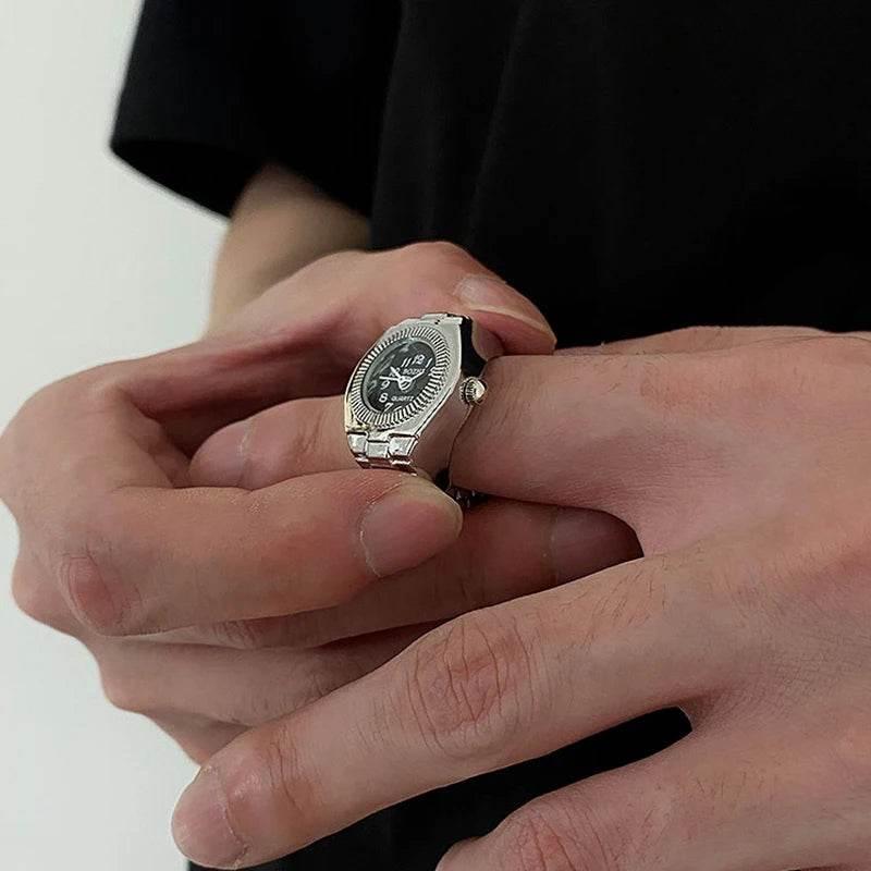 Vintage Punk Finger Watch Mini Elastic Strap Alloy Watches Couple Rings Jewelry Clock Retro Roman Quartz Watch Rings Women Men - Empire P.E