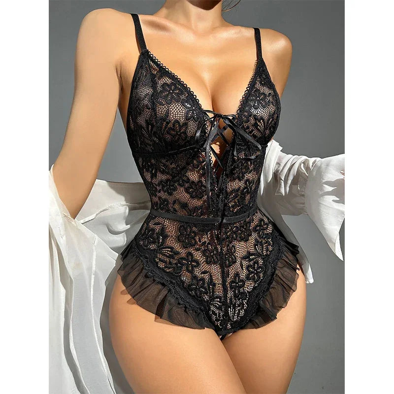 Sexy Crotchless Lingerie Women Lace Hollow Bodysuit - Empire P.E