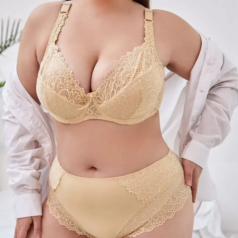 Women Plain Lace Bra and Panty Thin Underwire Lingerie Set Plus Size - Empire P.E