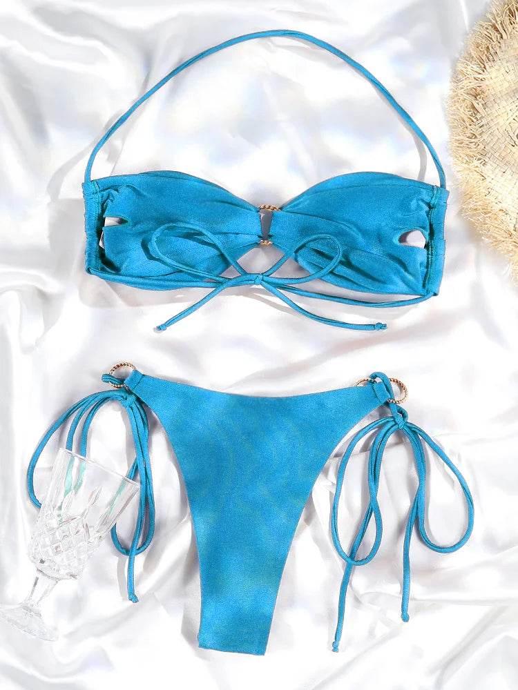 Solid Color Bikinis Push Up Swimwear Women Halter Bikini Set - Empire P.E