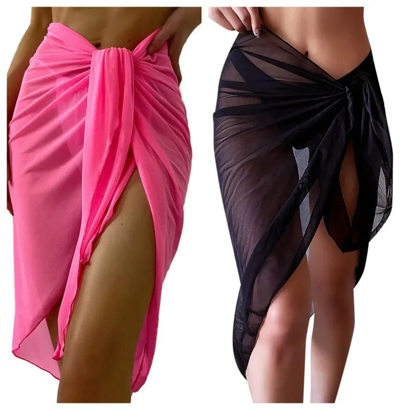 Sheer Wrap Knot Waist Swimsuit Cover Up Skirt