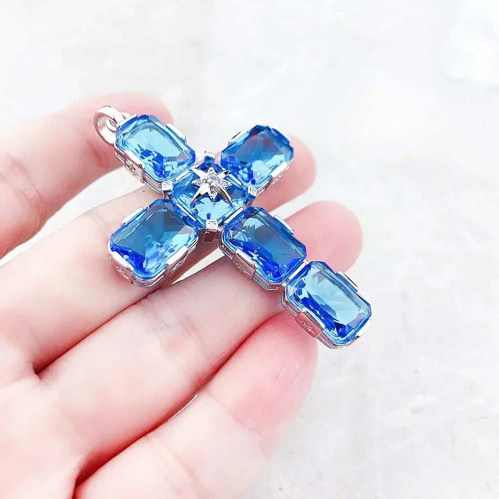 Pendant Cross With Large Aquamarine-Coloured Stones