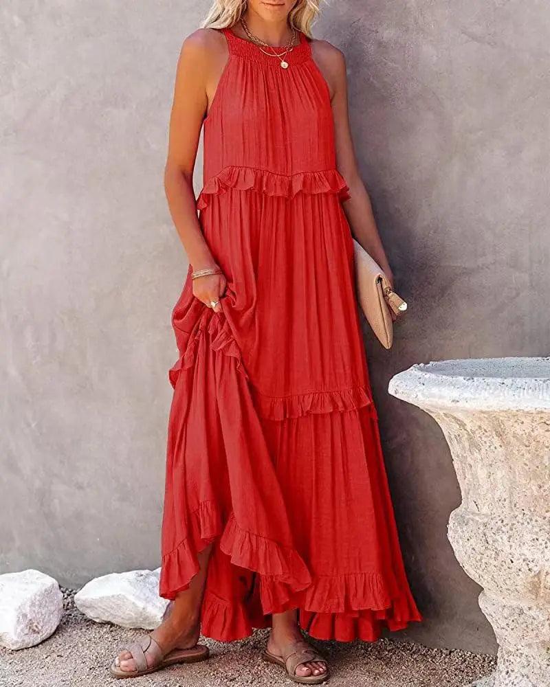 Women Casual Solid Ruffles Long Dress - Empire P.E