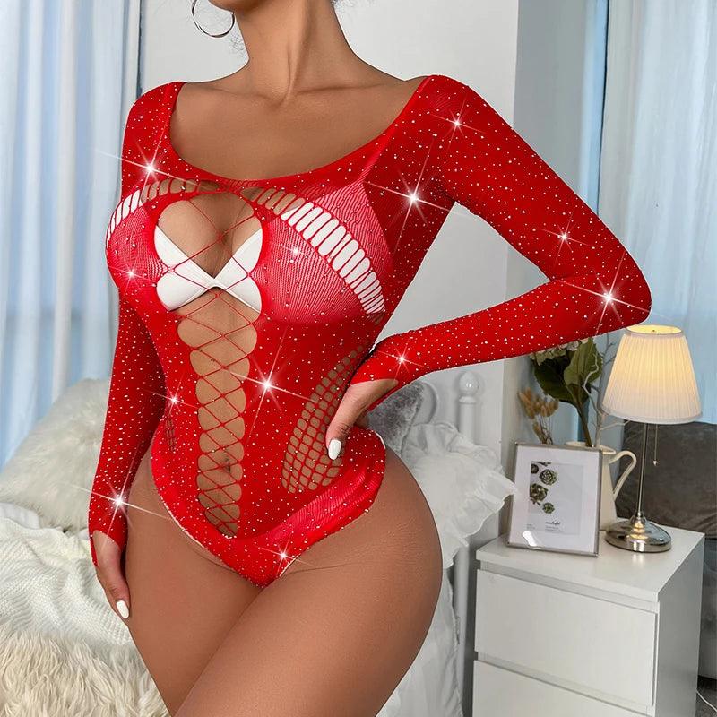 Women Sexy Lingerie Shiny Rhinestones Fishnets Bodysuit - Empire P.E