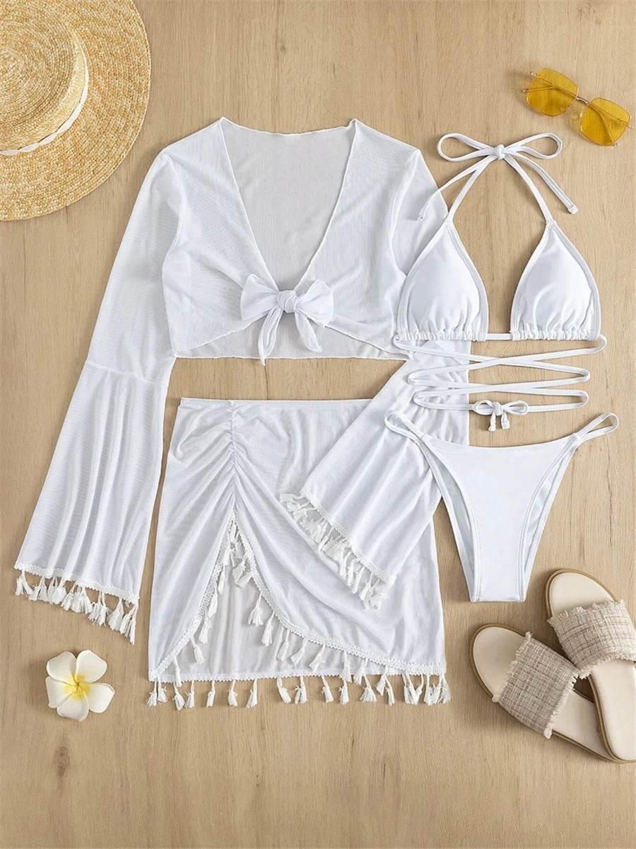 Sexy 4 Pieces Halter Bikinis Women Solid Swimwear Female Cover Up Swimsuit Long Sleeve And Skirt Bathing Suit Beachwear Summer - Empire P.E