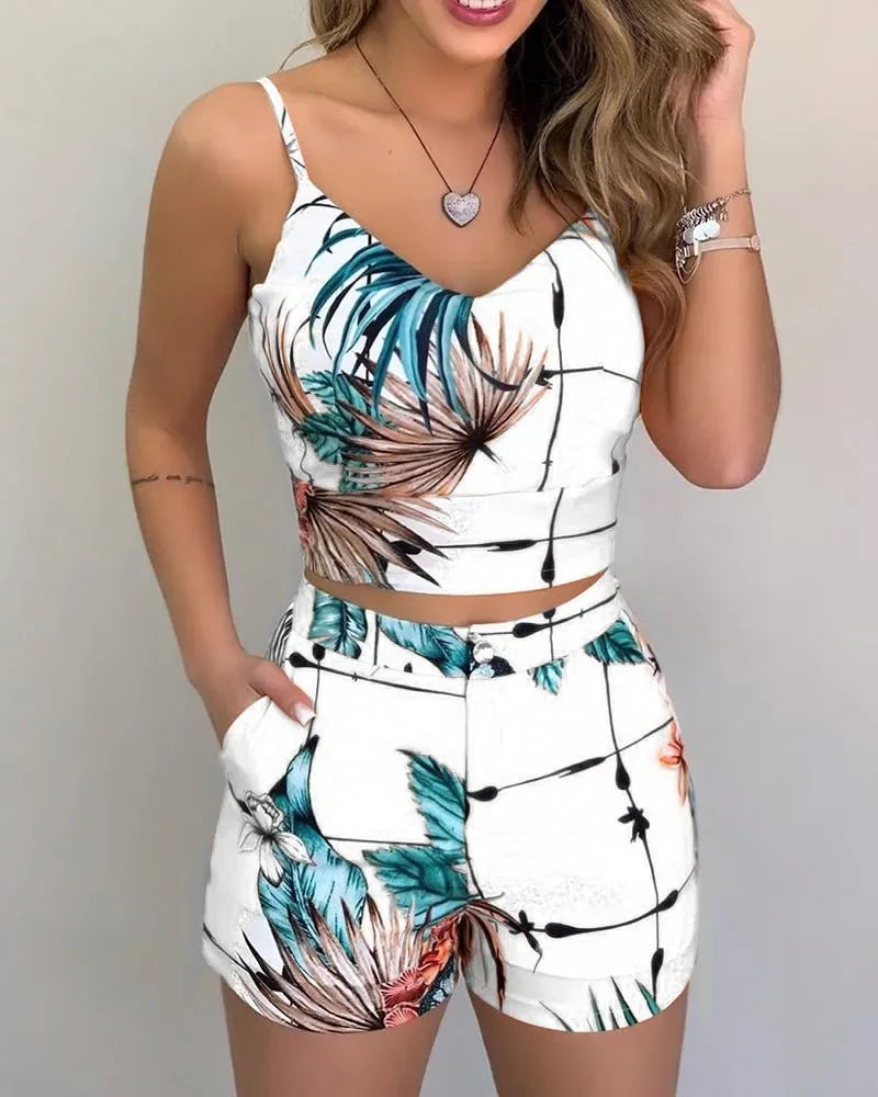 Floral Print Top Pants Set Loungewear Shorts Casual Outfits - Empire P.E