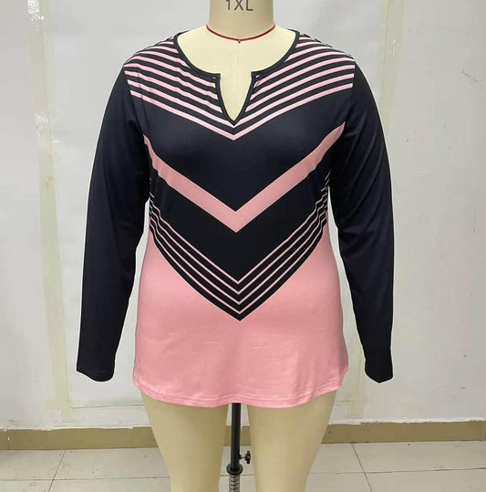 Women's Plus Size Fashion T-Shirt - Stylish Geometric Print V-Neck Long Sleeve Casual Top in Black and Pink - Empire P.E