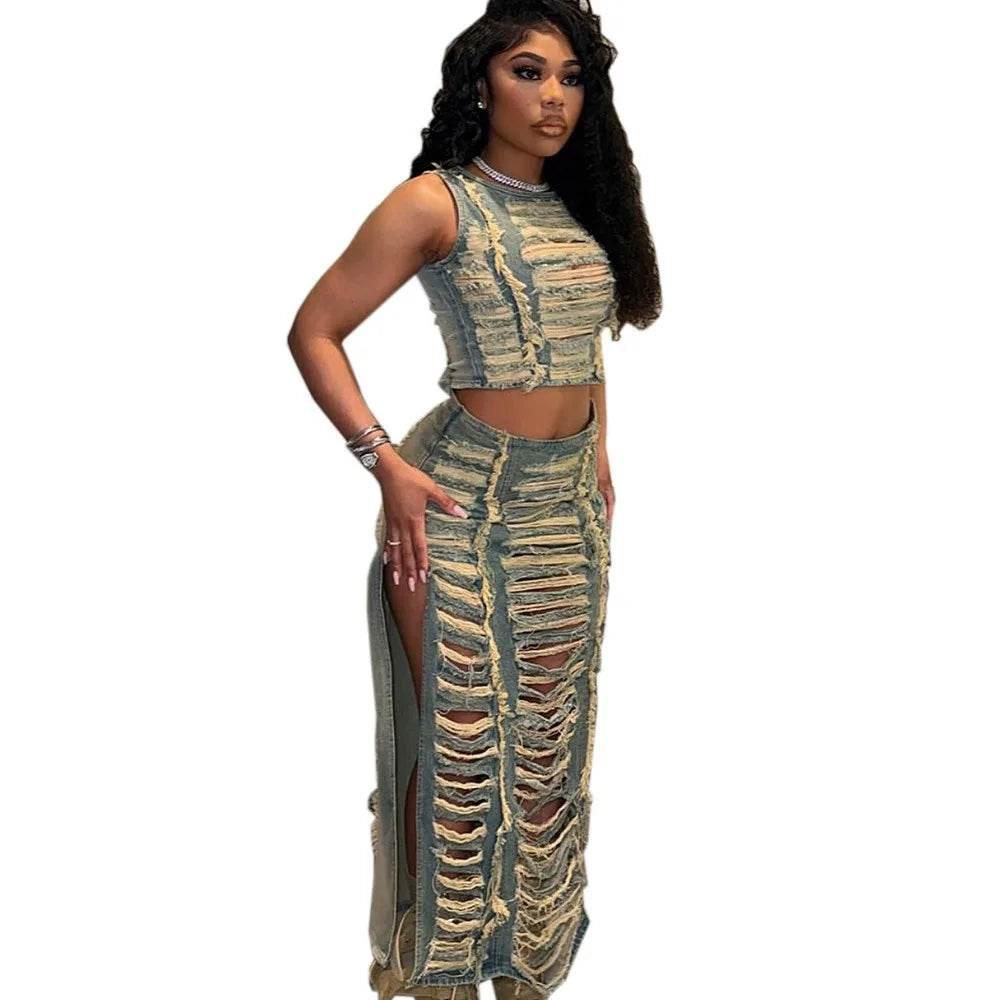 2 Piece Set Women 2024 Summer Sexy Club Tops And Maxi Skirt Sets High Waist Slit Skirt Mujer Matching Sets Denim Jacket Outfit - Empire P.E
