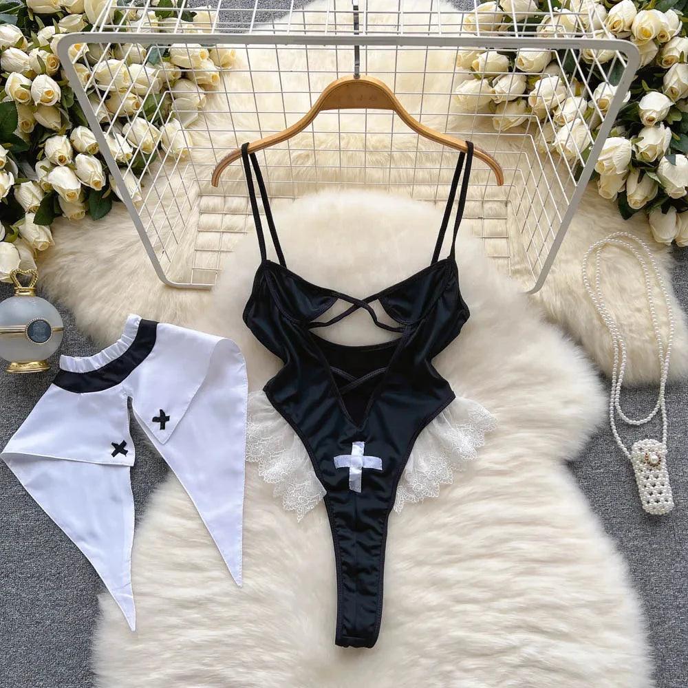 Hollow Out Cosplay Lingerie Lace Backless Jumpsuit - Empire P.E