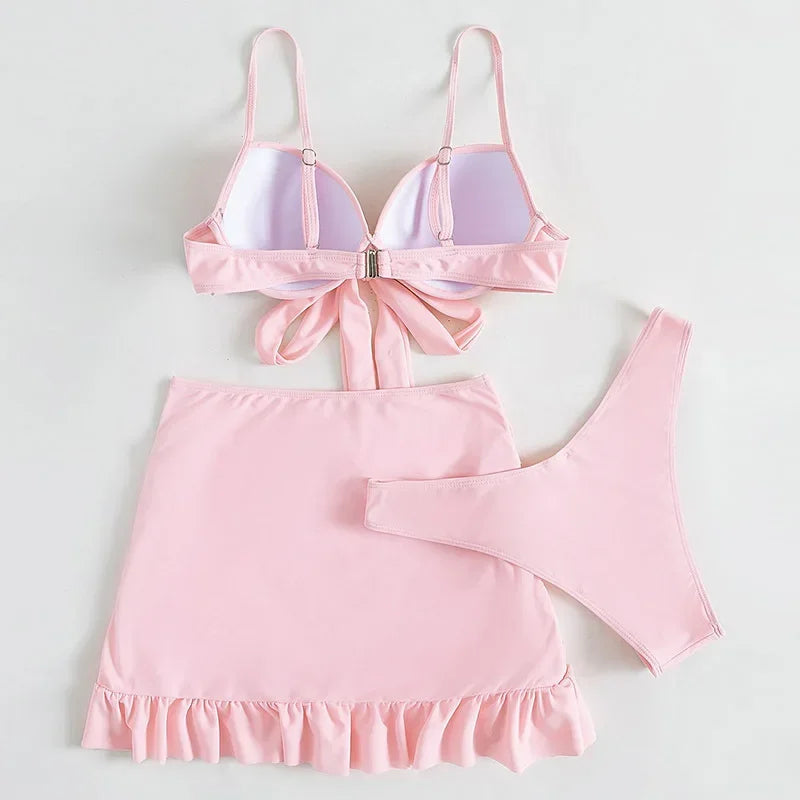 Cikini-Solid Bikini Set 3 Piece Bathing Suit