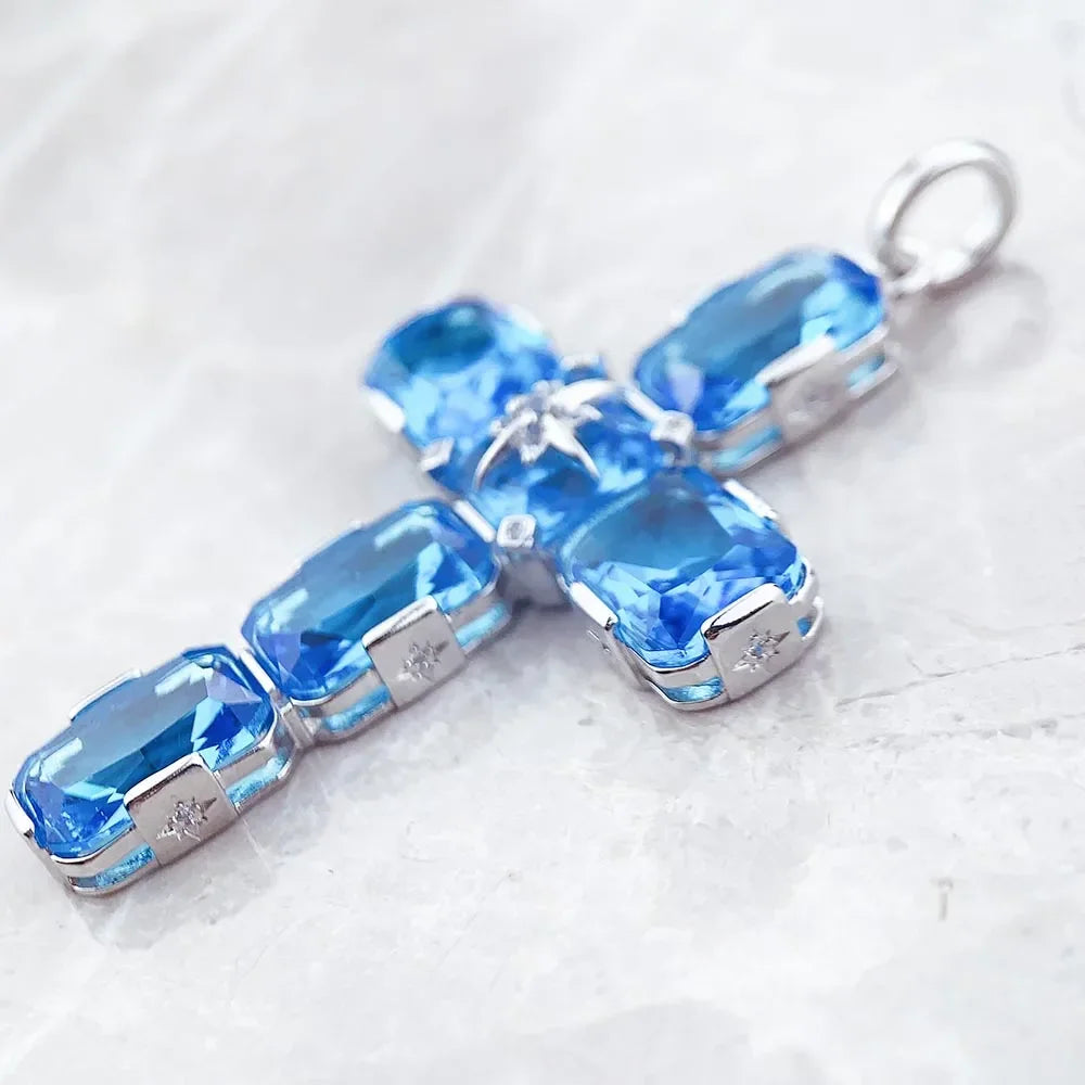 Pendant Cross With Large Aquamarine-Coloured Stones