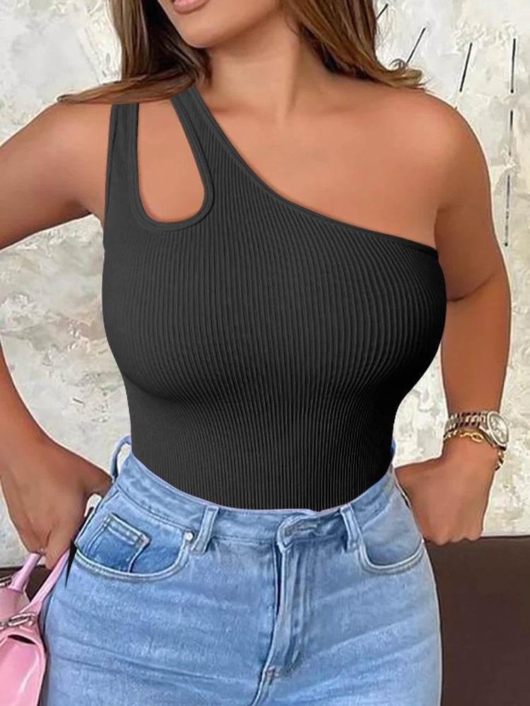 Women's Yoga Bodysuit Sleeveless Solid Color Sexy Fitness Workout Breathable One Shoulder Sport Tight Jumpsuit - Empire P.E