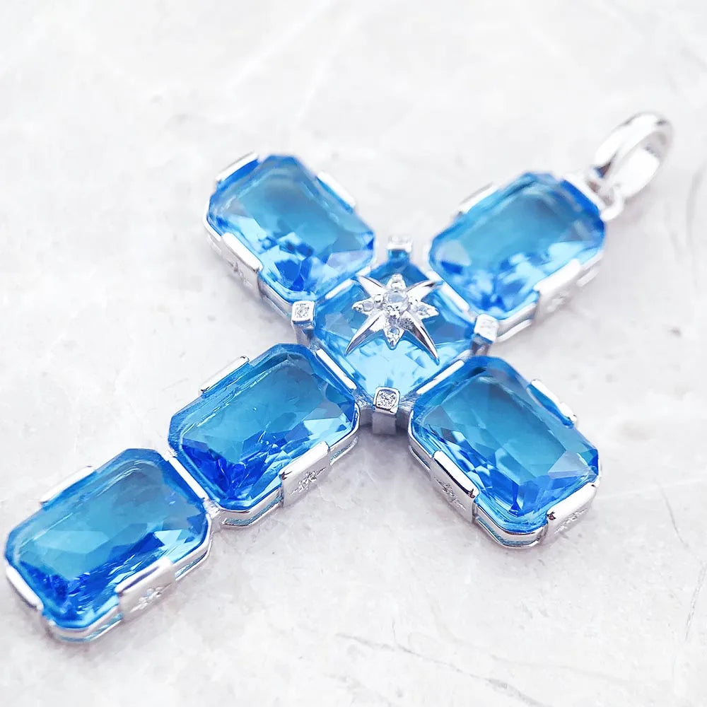 Pendant Cross With Large Aquamarine-Coloured Stones