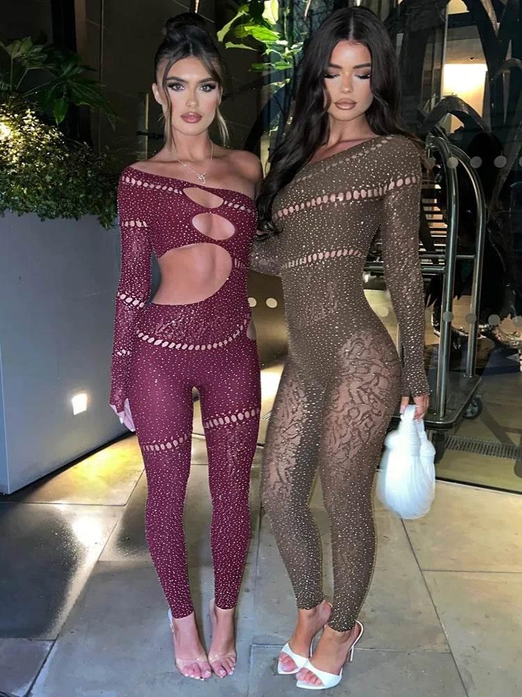 Sibybo Off Shoulder Long Sleeve Jumpsuits Women Fashion Rhinestones High Stretch Hollow Out Sexy Overalls Sparkly Party Rompers - Empire P.E