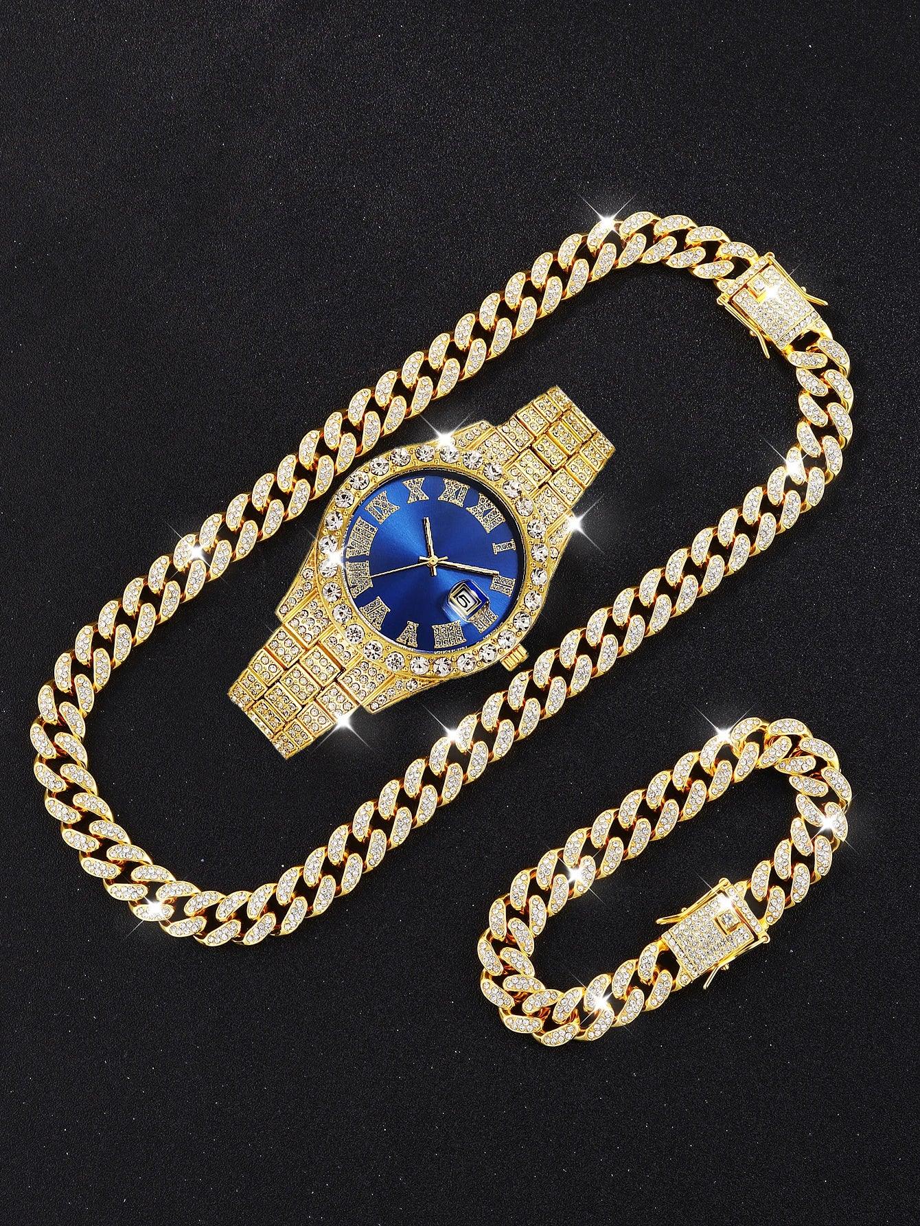 3PCS luxury alloy full diamond rhinestone mirror men's quartz watch with calendar and Hip Hop Cuban Necklace bracelet set - Empire P.E