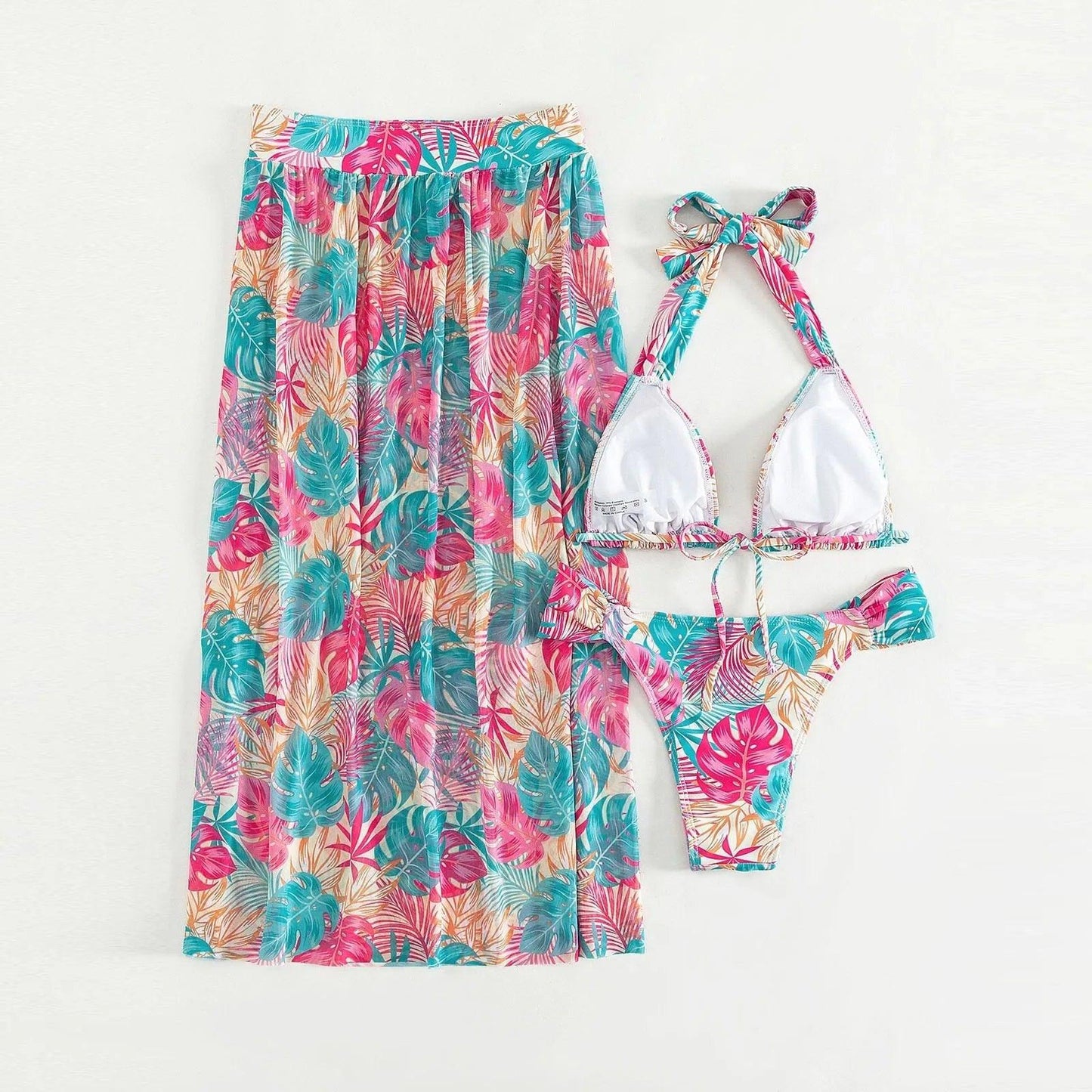 Summer Women Swimwear Leaf Print Tie Up Halter Bathing Suit Tops Shorts Split Beach Cover Up Skirt Female 3pcs Swimsuit Set - Empire P.E