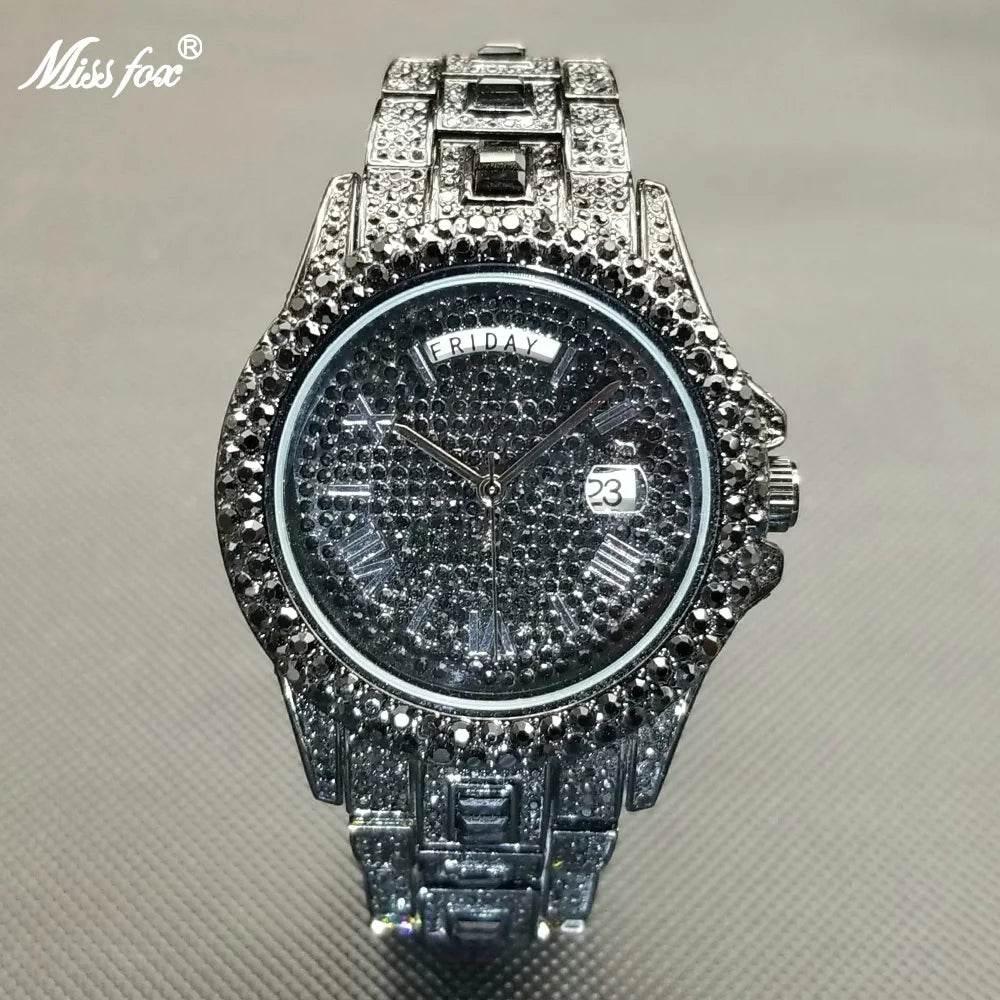 Luxury Shiny Diamond Watch For Men Hip Hop Trendy Iced Out Quartz Watches High Quality Stainless Steel Waterproof Day Date Clock - Empire P.E
