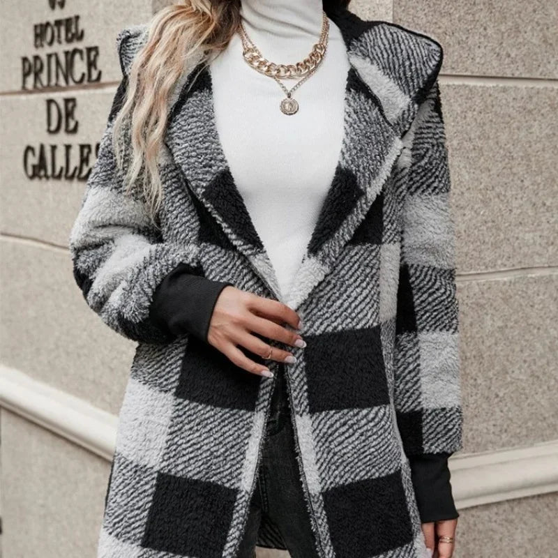 Women Autumn Winter Double Fleece Plaid Outerwear Coat
