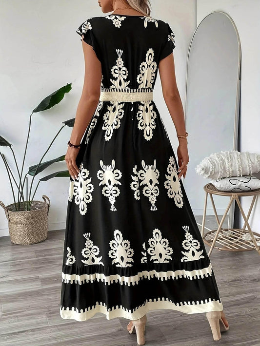 Plus Size Women Elegant V Neck Maxi Dress Geometric Pattern Short Sleeve Pleated Skirt Polyester Casual Outing - Empire P.E