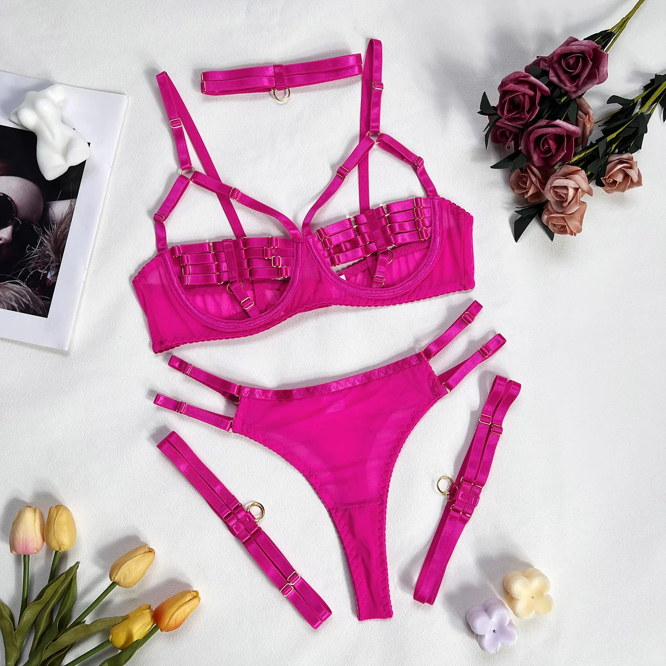 Yimunancy 4-Piece Bandage Erotic Set Women Choker Cut Out Solid Vintage Purple Sexy Lingerie Set Breif Kit - Empire P.E