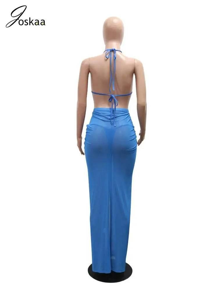 Joskaa Sexy Beach Style Bikini 3 Piece Set Women 3D Flower Halter Bra+Briefs+Sheer Mesh Maxi Skirt Matched 2025 - Empire P.E